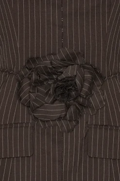 Mini Dresses|Tops-ROTATE Birger Christensen Pinstripe Belted Long Top Dark Brown Chicory Coffee Comb. color