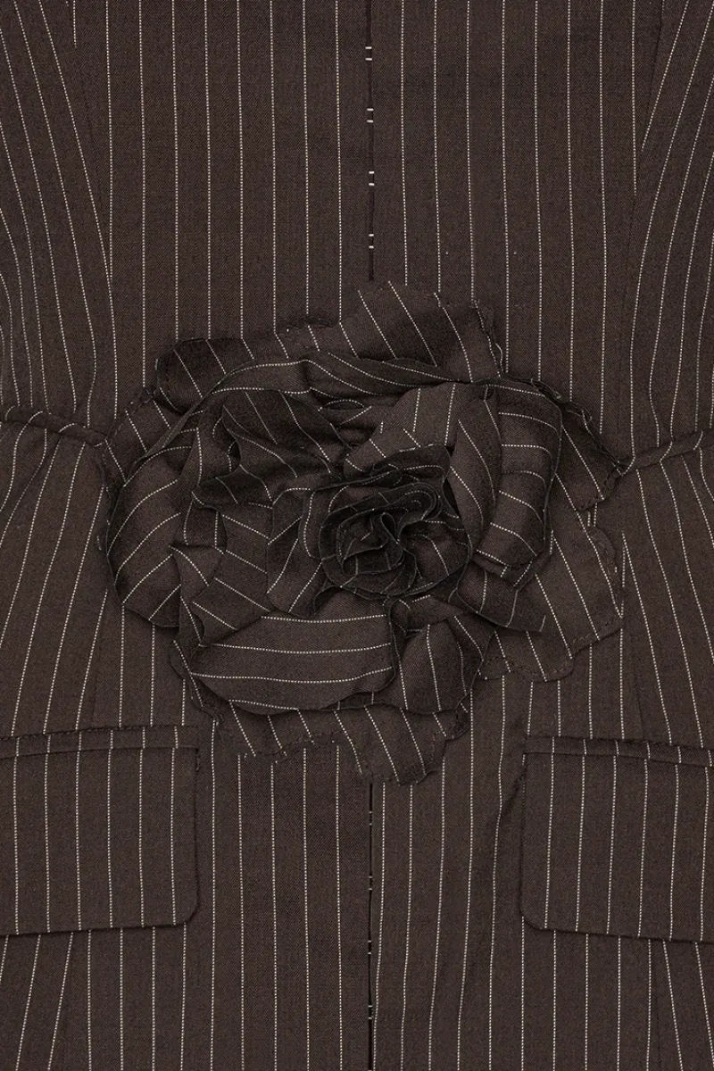 Mini Dresses|Tops-ROTATE Birger Christensen Pinstripe Belted Long Top Dark Brown Chicory Coffee Comb. color