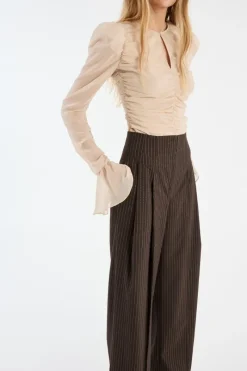 Pants-ROTATE Birger Christensen Pinstripe Wide Leg Pants Dark Brown Chicory Coffee Comb. color