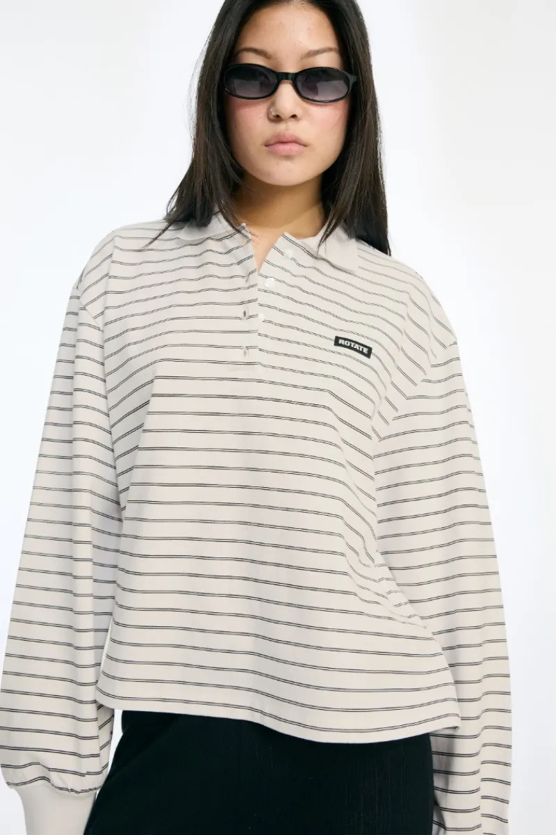 Tops-ROTATE Birger Christensen Pique Longsleeve Polo White Egret Comb. color