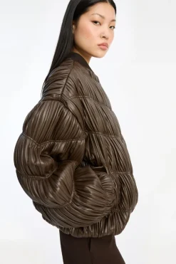 Outerwear-ROTATE Birger Christensen Pleated Bomber Jacket Dark Brown Chocolatecolor