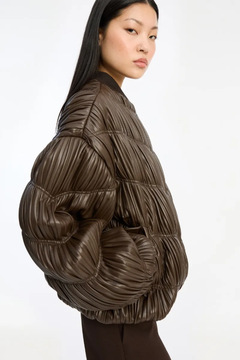 Outerwear-ROTATE Birger Christensen Pleated Bomber Jacket Dark Brown Chocolatecolor