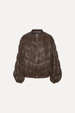 Outerwear-ROTATE Birger Christensen Pleated Bomber Jacket Dark Brown Chocolatecolor