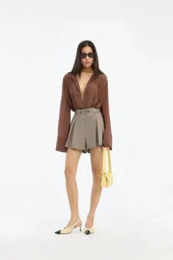 Tops-ROTATE Birger Christensen Pleated Ls Top Brown Potting Soil color