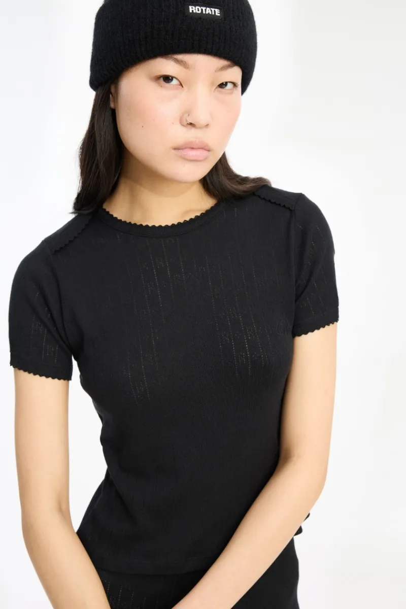 Tops-ROTATE Birger Christensen Pointelle Fitted T-shirt Black Black color