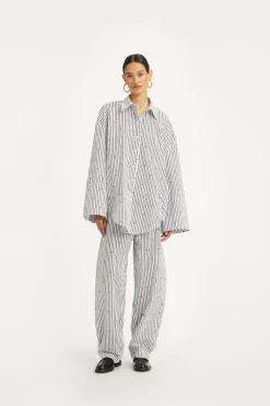 Tops-ROTATE Birger Christensen Poplin Oversized Shirt Striped Black 1000 Black Comb. color