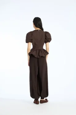 Tops-ROTATE Birger Christensen Puff Sleeve Bubble Top Dark Brown Molé color