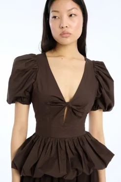 Tops-ROTATE Birger Christensen Puff Sleeve Bubble Top Dark Brown Molé color