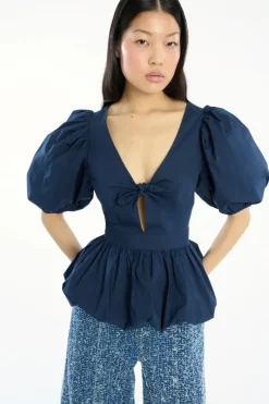 Tops-ROTATE Birger Christensen Puff Sleeve Bubble Top Dark Blue Navy Blazer color