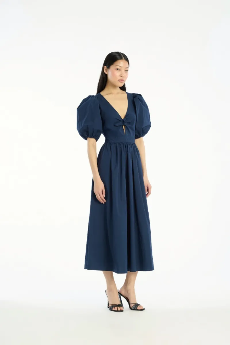 Midi Dresses|Dresses-ROTATE Birger Christensen Puff Sleeve Midi Dress Dark Blue Navy Blazer color