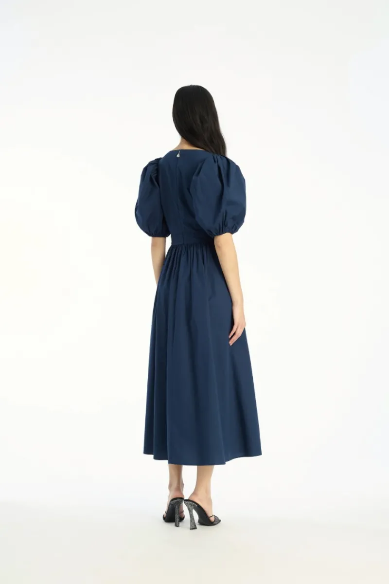 Midi Dresses|Dresses-ROTATE Birger Christensen Puff Sleeve Midi Dress Dark Blue Navy Blazer color