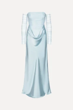 Maxi Dress|Dresses-ROTATE Birger Christensen Ruched Maxi Dress Light Blue Plein Air color