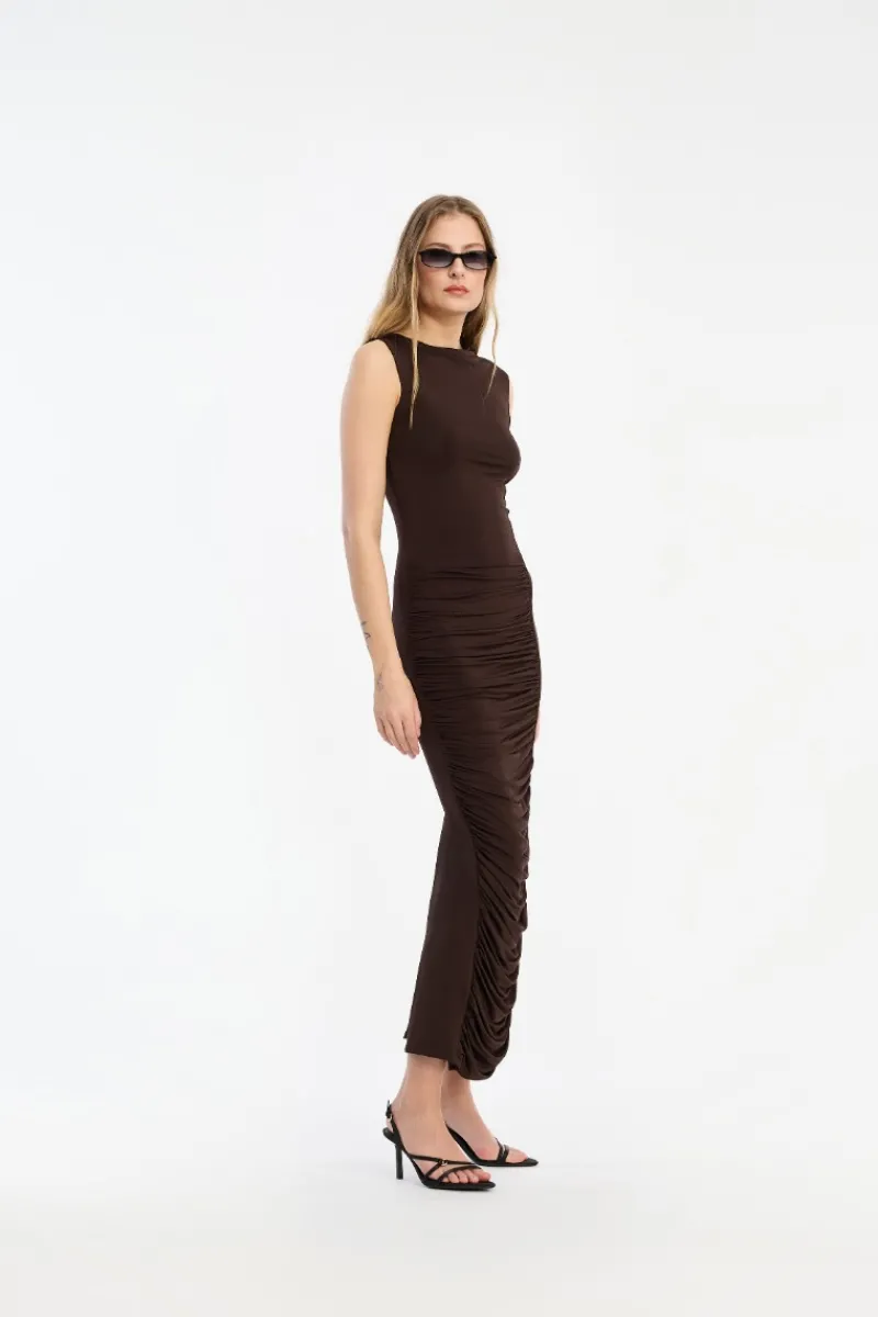 Midi Dresses|Dresses-ROTATE Birger Christensen Ruched Midi Dress Dark Brown CHICORY COFFEE color