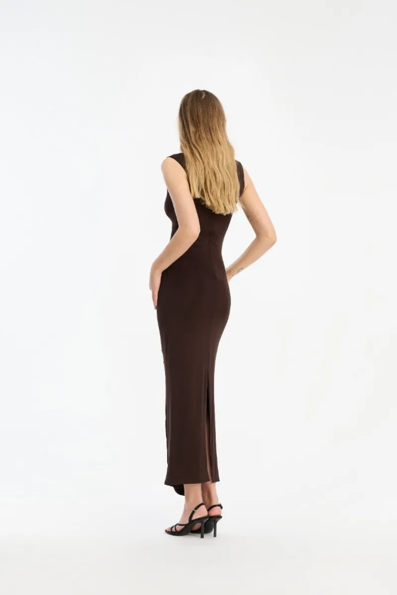 Midi Dresses|Dresses-ROTATE Birger Christensen Ruched Midi Dress Dark Brown CHICORY COFFEE color