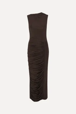 Midi Dresses|Dresses-ROTATE Birger Christensen Ruched Midi Dress Dark Brown CHICORY COFFEE color