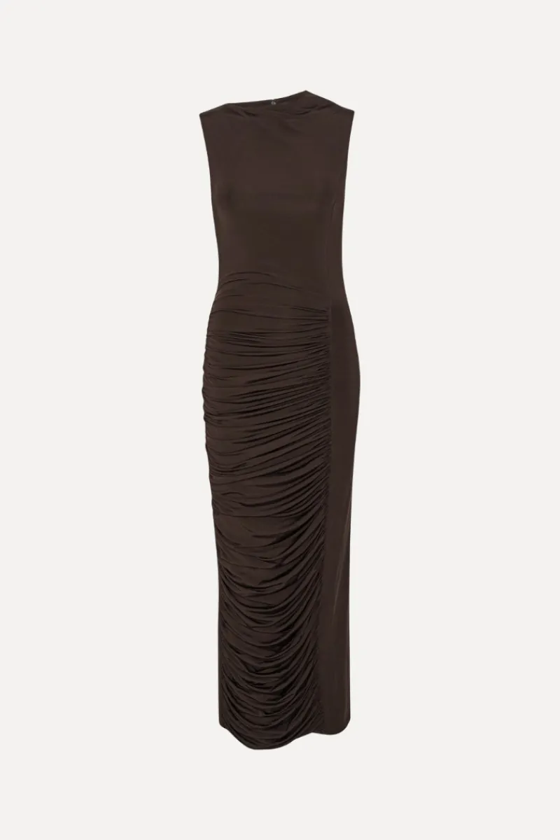 Midi Dresses|Dresses-ROTATE Birger Christensen Ruched Midi Dress Dark Brown CHICORY COFFEE color