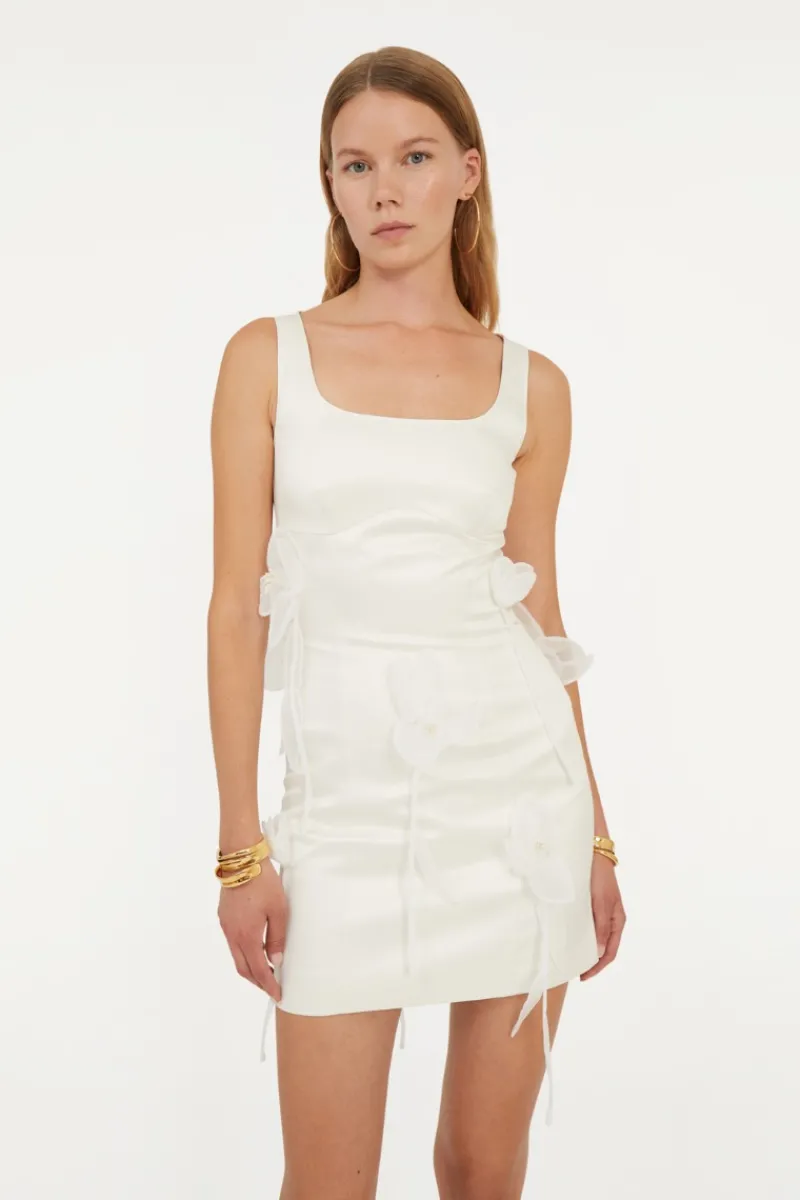 Bridal|Mini Dresses-ROTATE Birger Christensen Satin Big Flower Dress White Egret color