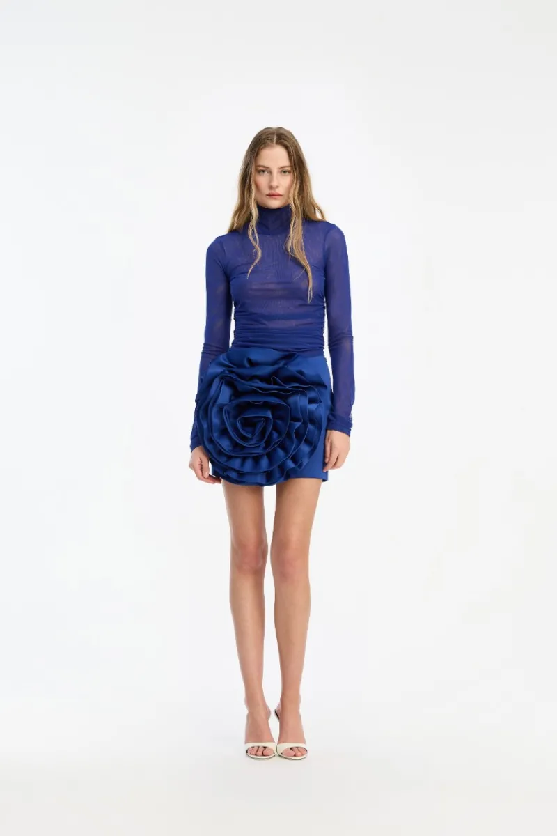 Skirts-ROTATE Birger Christensen Satin Big Flower Skirt Dark Blue Mazarine Blue color