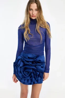 Skirts-ROTATE Birger Christensen Satin Big Flower Skirt Dark Blue Mazarine Blue color