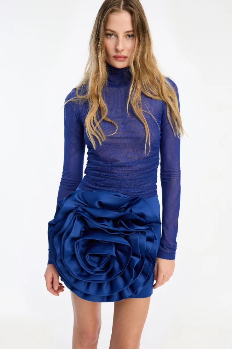 Skirts-ROTATE Birger Christensen Satin Big Flower Skirt Dark Blue Mazarine Blue color
