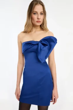 Mini Dresses|Dresses-ROTATE Birger Christensen Satin Bow Mini Dress Dark Blue Mazarine Blue color