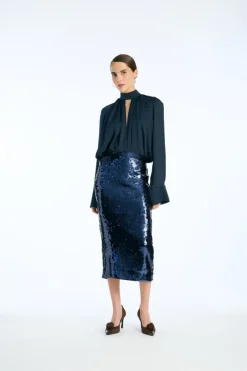 Tops-ROTATE Birger Christensen Satin Bow Shirt Dark Blue Sky Captain (Dark Blue) color