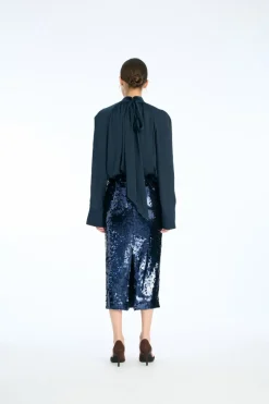 Tops-ROTATE Birger Christensen Satin Bow Shirt Dark Blue Sky Captain (Dark Blue) color