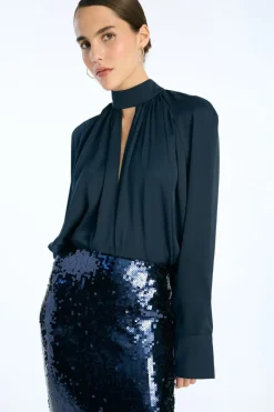 Tops-ROTATE Birger Christensen Satin Bow Shirt Dark Blue Sky Captain (Dark Blue) color