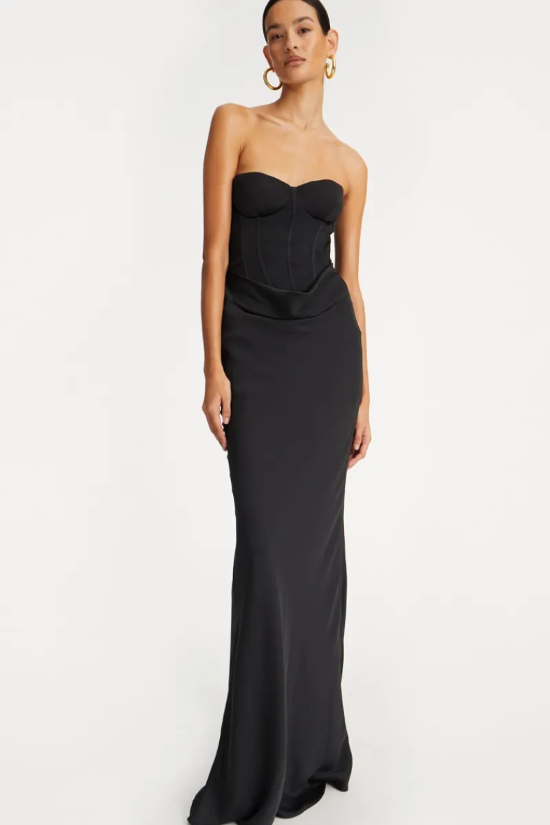 Maxi Dress|Dresses-ROTATE Birger Christensen Satin Corset Maxi Dress Black Black color