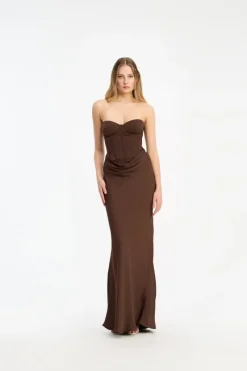 Maxi Dress|Dresses-ROTATE Birger Christensen Satin Corset Maxi Dress Dark Brown CHICORY COFFEE color