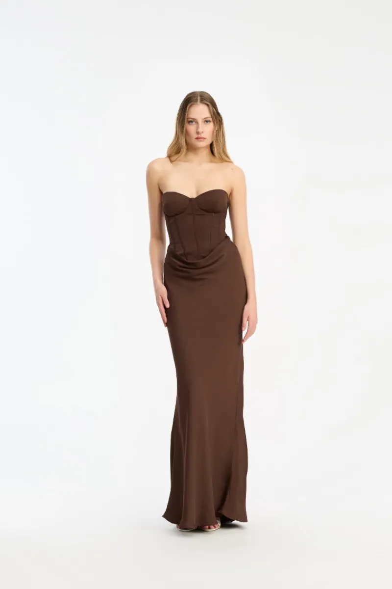 Maxi Dress|Dresses-ROTATE Birger Christensen Satin Corset Maxi Dress Dark Brown CHICORY COFFEE color