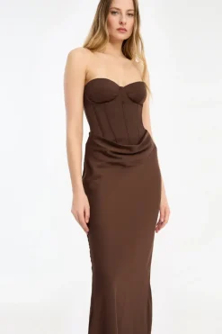 Maxi Dress|Dresses-ROTATE Birger Christensen Satin Corset Maxi Dress Dark Brown CHICORY COFFEE color