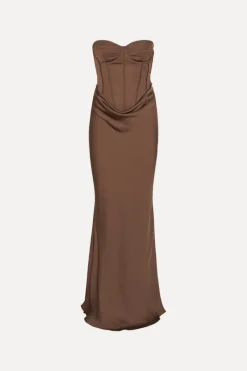 Maxi Dress|Dresses-ROTATE Birger Christensen Satin Corset Maxi Dress Dark Brown CHICORY COFFEE color