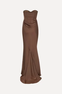 Maxi Dress|Dresses-ROTATE Birger Christensen Satin Corset Maxi Dress Dark Brown CHICORY COFFEE color