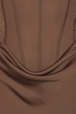 Maxi Dress|Dresses-ROTATE Birger Christensen Satin Corset Maxi Dress Dark Brown CHICORY COFFEE color