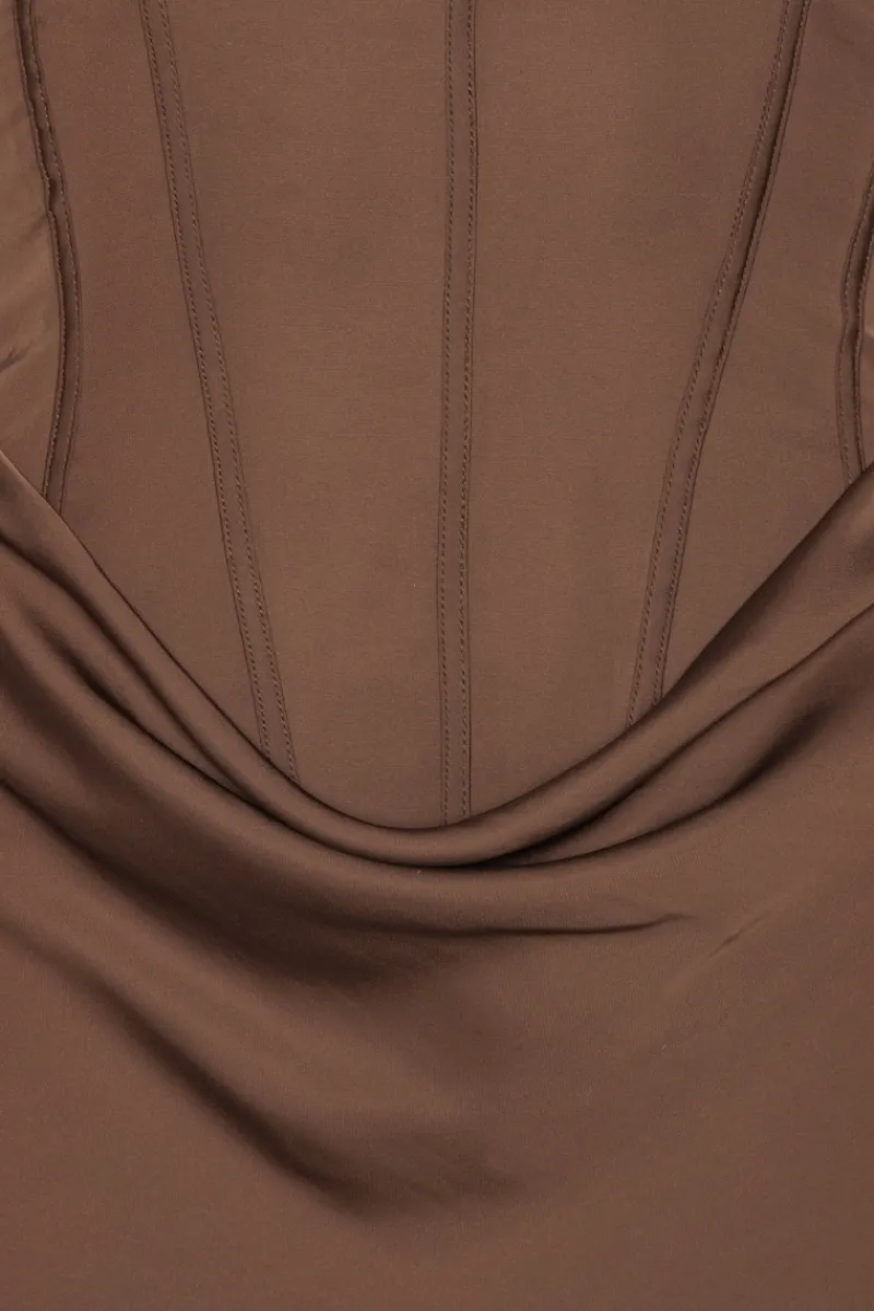 Maxi Dress|Dresses-ROTATE Birger Christensen Satin Corset Maxi Dress Dark Brown CHICORY COFFEE color
