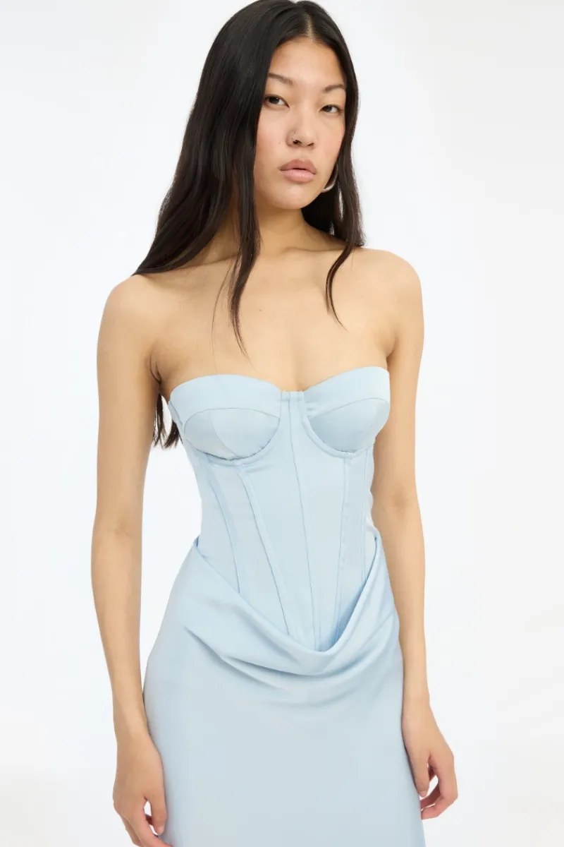 Maxi Dress|Dresses-ROTATE Birger Christensen Satin Corset Maxi Dress Light Blue Plein Air color