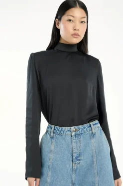 Tops-ROTATE Birger Christensen Satin Drapy Back Top Black Black color