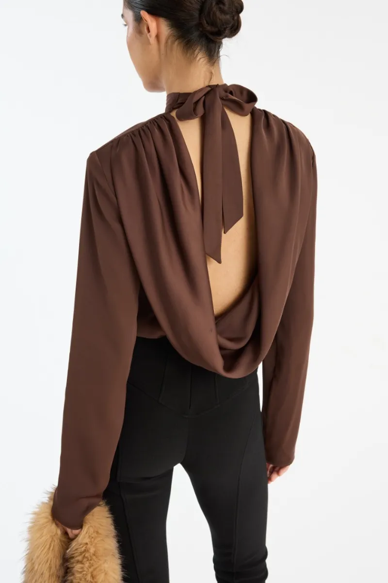 Tops-ROTATE Birger Christensen Satin Drapy Back Top Dark Brown CHICORY COFFEE color