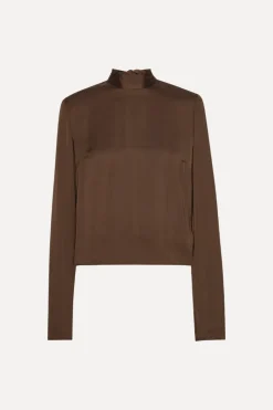 Tops-ROTATE Birger Christensen Satin Drapy Back Top Dark Brown CHICORY COFFEE color
