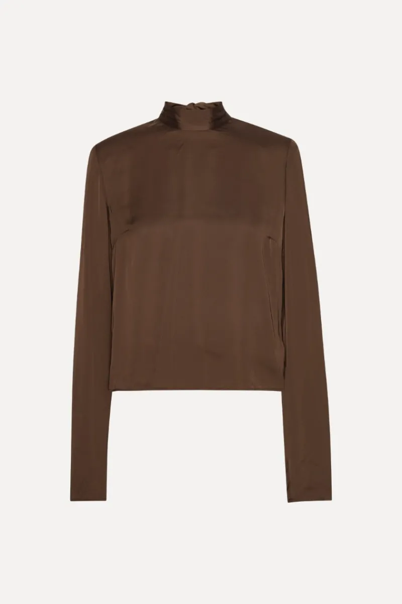 Tops-ROTATE Birger Christensen Satin Drapy Back Top Dark Brown CHICORY COFFEE color