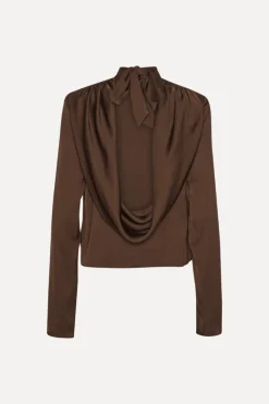 Tops-ROTATE Birger Christensen Satin Drapy Back Top Dark Brown CHICORY COFFEE color