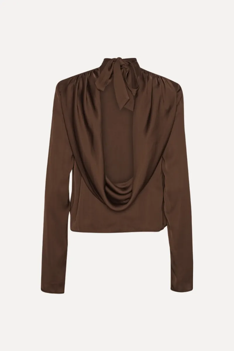 Tops-ROTATE Birger Christensen Satin Drapy Back Top Dark Brown CHICORY COFFEE color