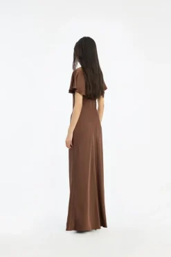 Maxi Dress|Dresses-ROTATE Birger Christensen Satin Flowy Sleeve Dress Dark Brown Potting Soil color