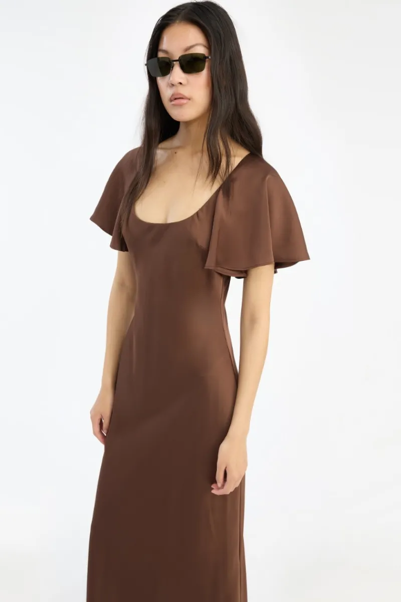 Maxi Dress|Dresses-ROTATE Birger Christensen Satin Flowy Sleeve Dress Dark Brown Potting Soil color