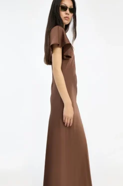 Maxi Dress|Dresses-ROTATE Birger Christensen Satin Flowy Sleeve Dress Dark Brown Potting Soil color