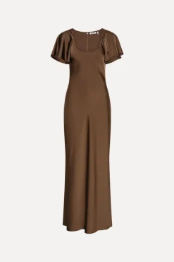 Maxi Dress|Dresses-ROTATE Birger Christensen Satin Flowy Sleeve Dress Dark Brown Potting Soil color