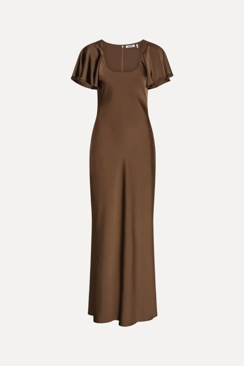 Maxi Dress|Dresses-ROTATE Birger Christensen Satin Flowy Sleeve Dress Dark Brown Potting Soil color