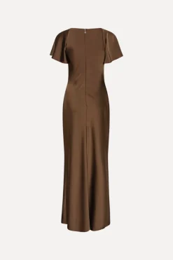 Maxi Dress|Dresses-ROTATE Birger Christensen Satin Flowy Sleeve Dress Dark Brown Potting Soil color