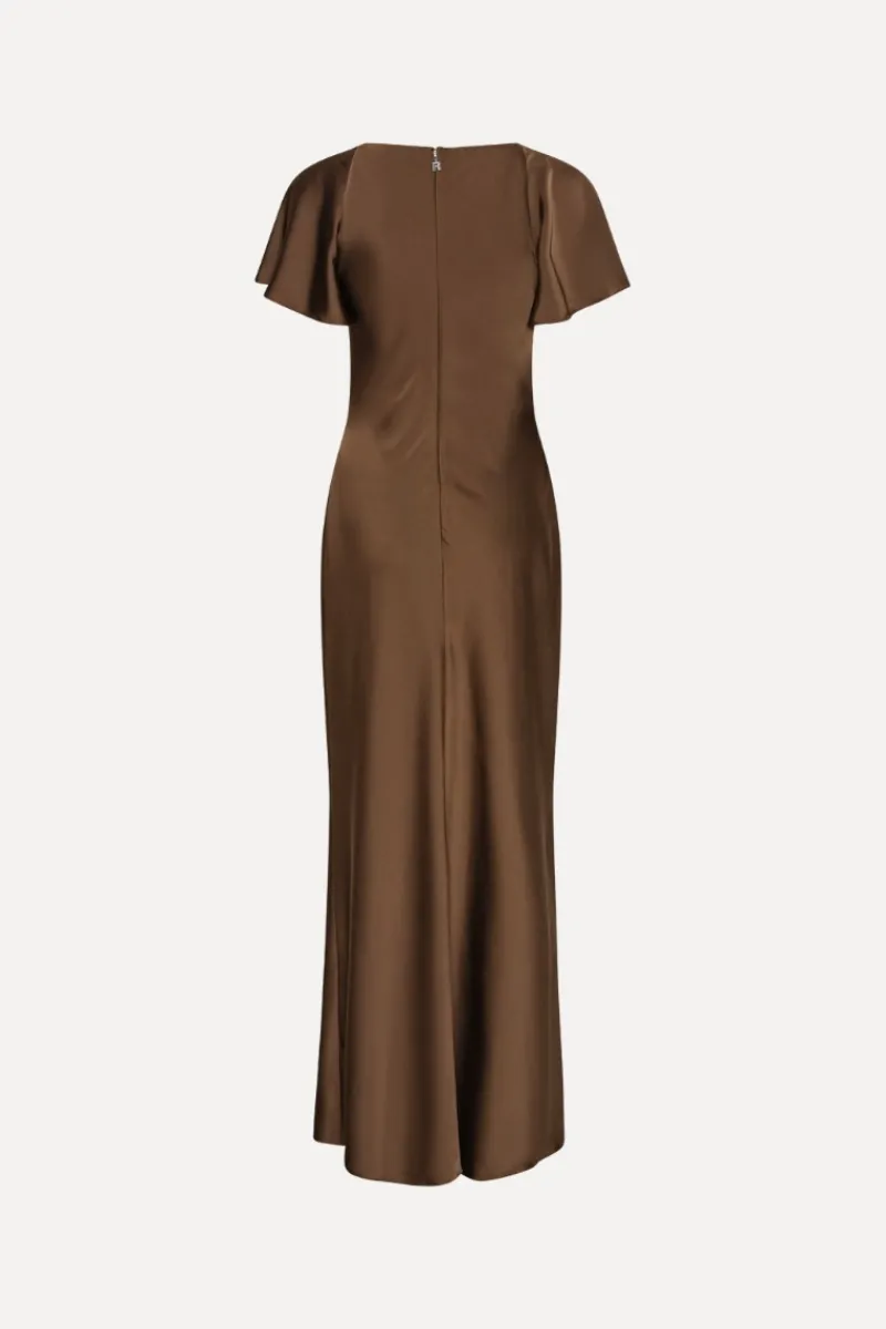 Maxi Dress|Dresses-ROTATE Birger Christensen Satin Flowy Sleeve Dress Dark Brown Potting Soil color
